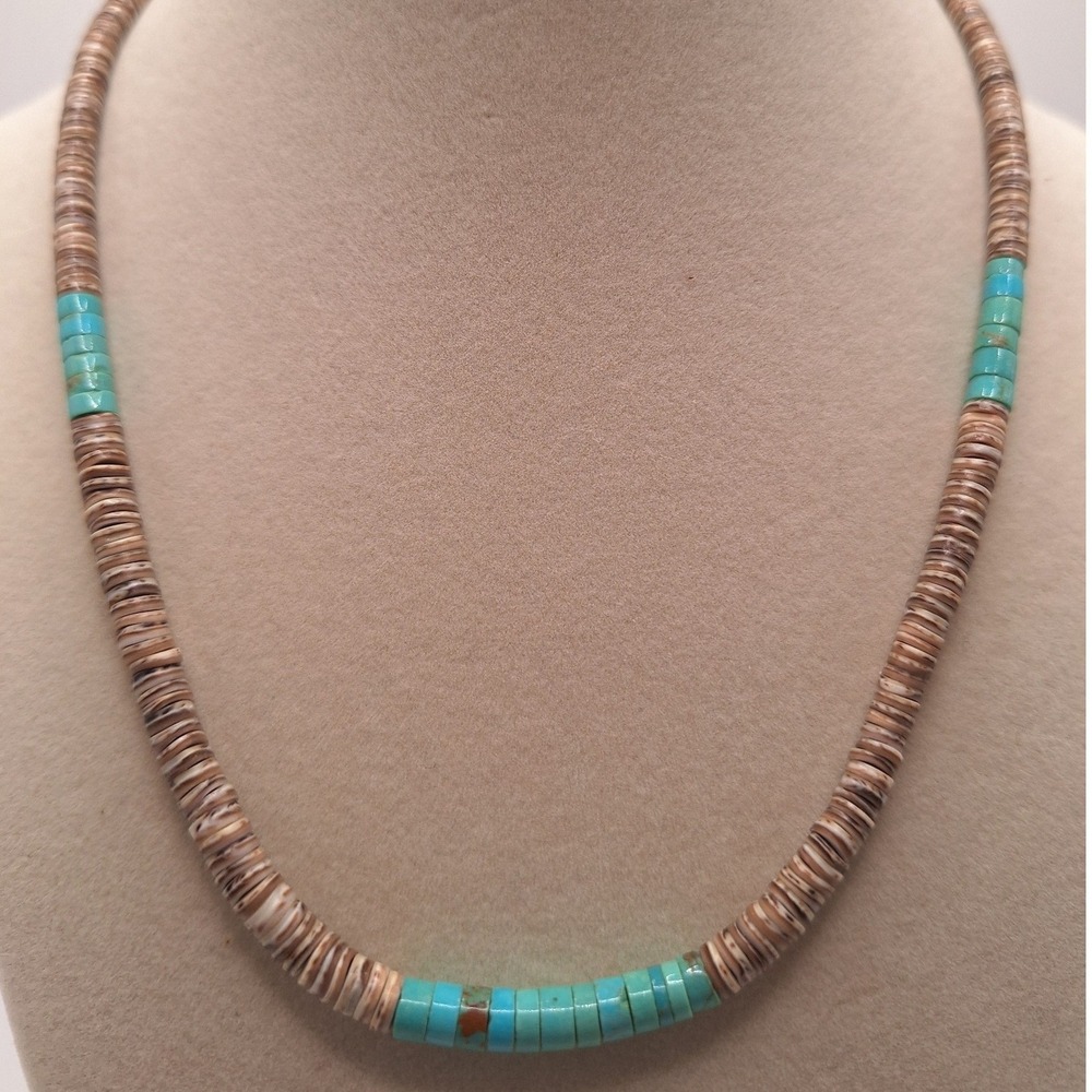 Vintage southwestern turquoise shell heishi necklace blue brown Tribal Bo Ho